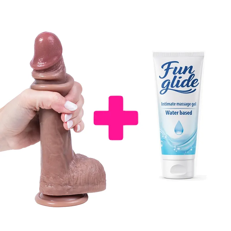 Silikonski dildo sa kozicom i realisticnim testisima 22cm i lubrikant